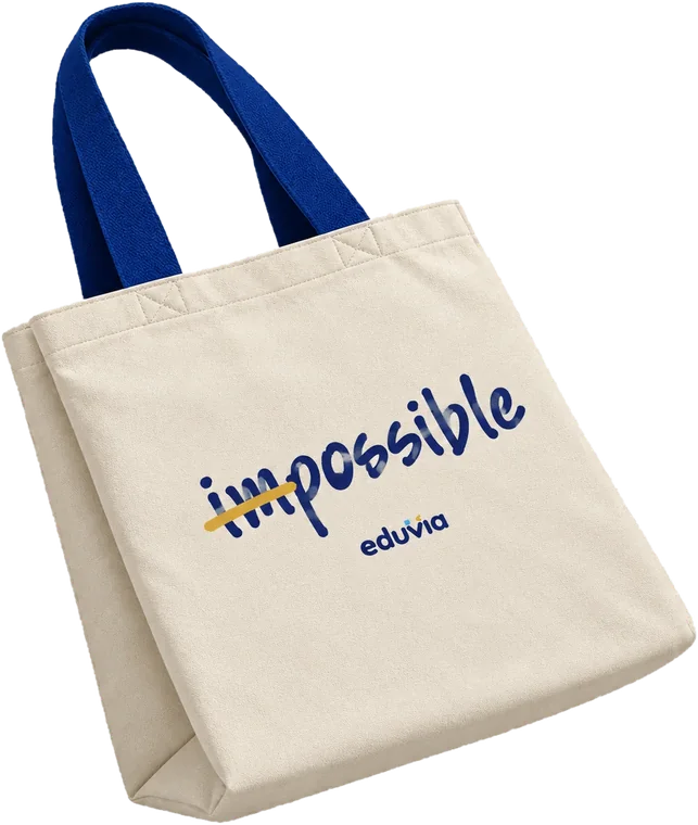Beg tote Eduvia berwarna krim dengan tali biru dan tulisan impossible
