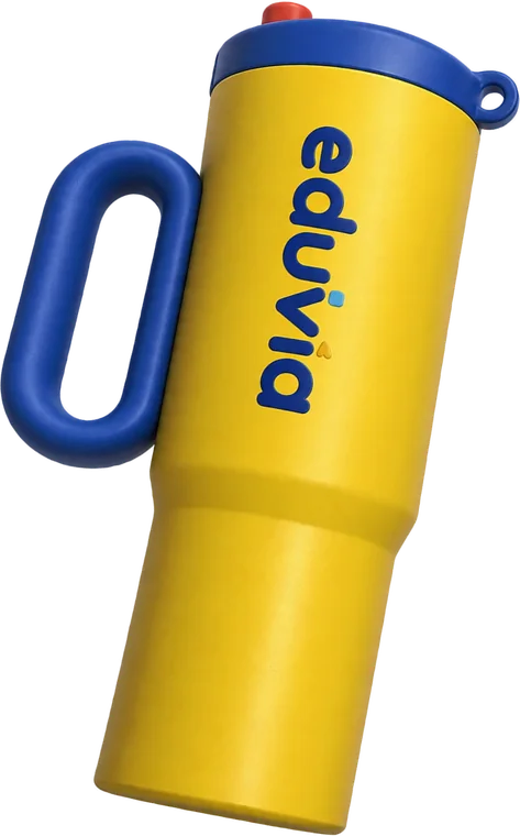 Botol air Eduvia berwarna kuning dengan penutup dan pemegang biru