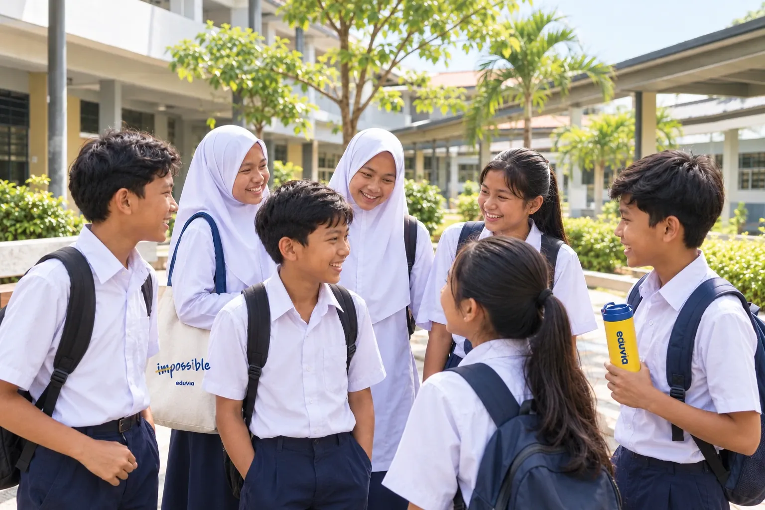 Sekumpulan pelajar sekolah berpakaian seragam berbual dan tersenyum di kawasan sekolah, dengan beg dan botol air Eduvia